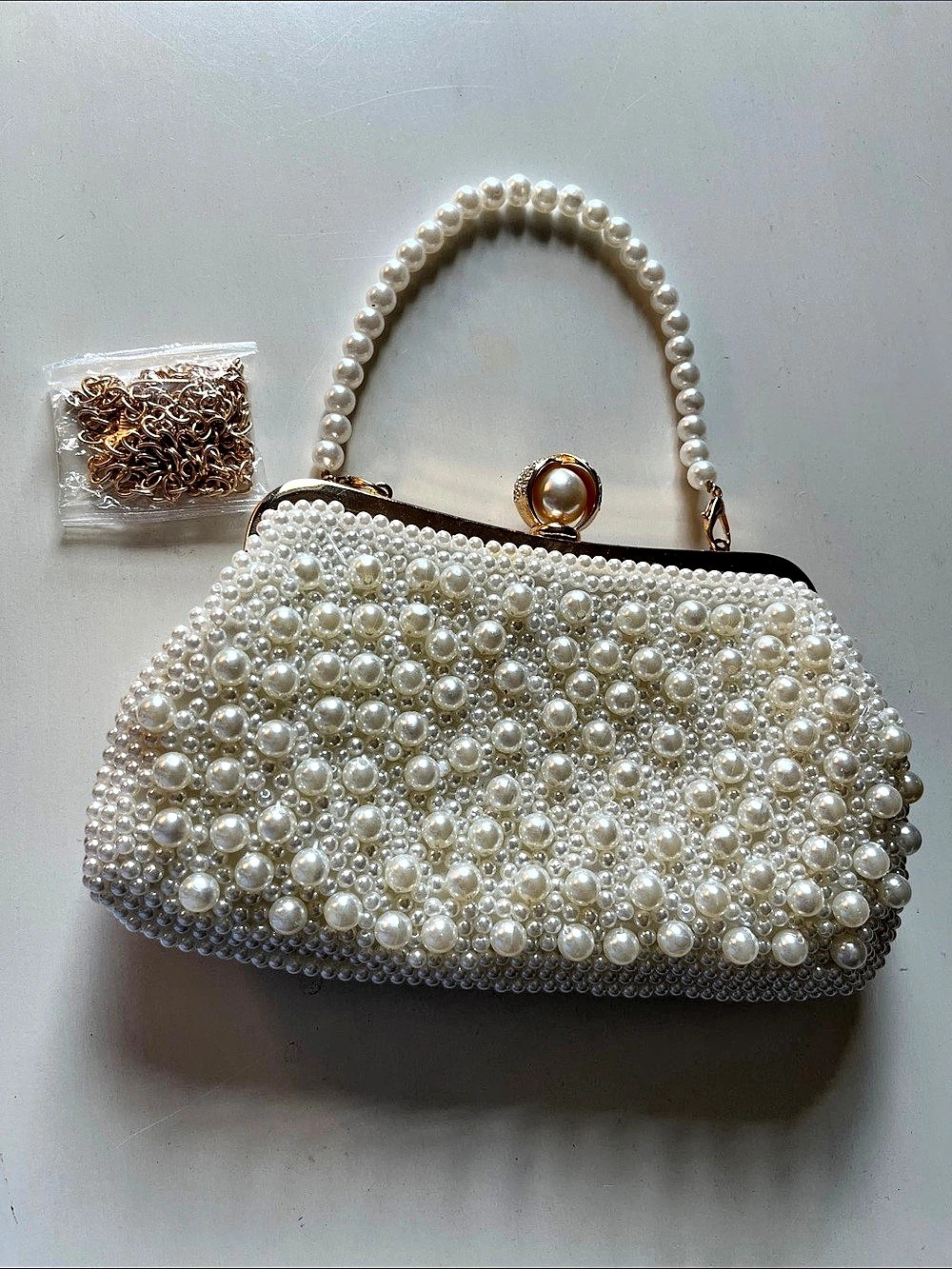 Bridal Pearl Beaded Clutch in Ivory Beige & Gold Like New